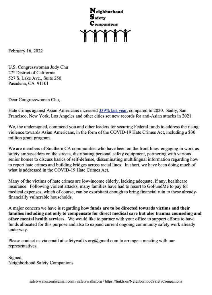 Letter to Congresswoman Judy Chu regarding support of victims