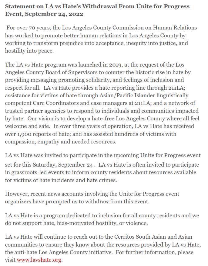 LA vs Hate withdrew from the Unite for Progress event.